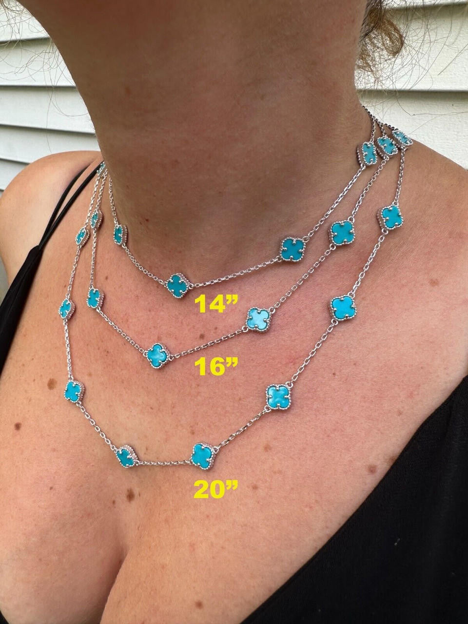Cleef Clover Link Chain Necklace Or Bracelet Natural Blue Turquoise Motifs - 925 Sterling Silver - 5.5"-24"