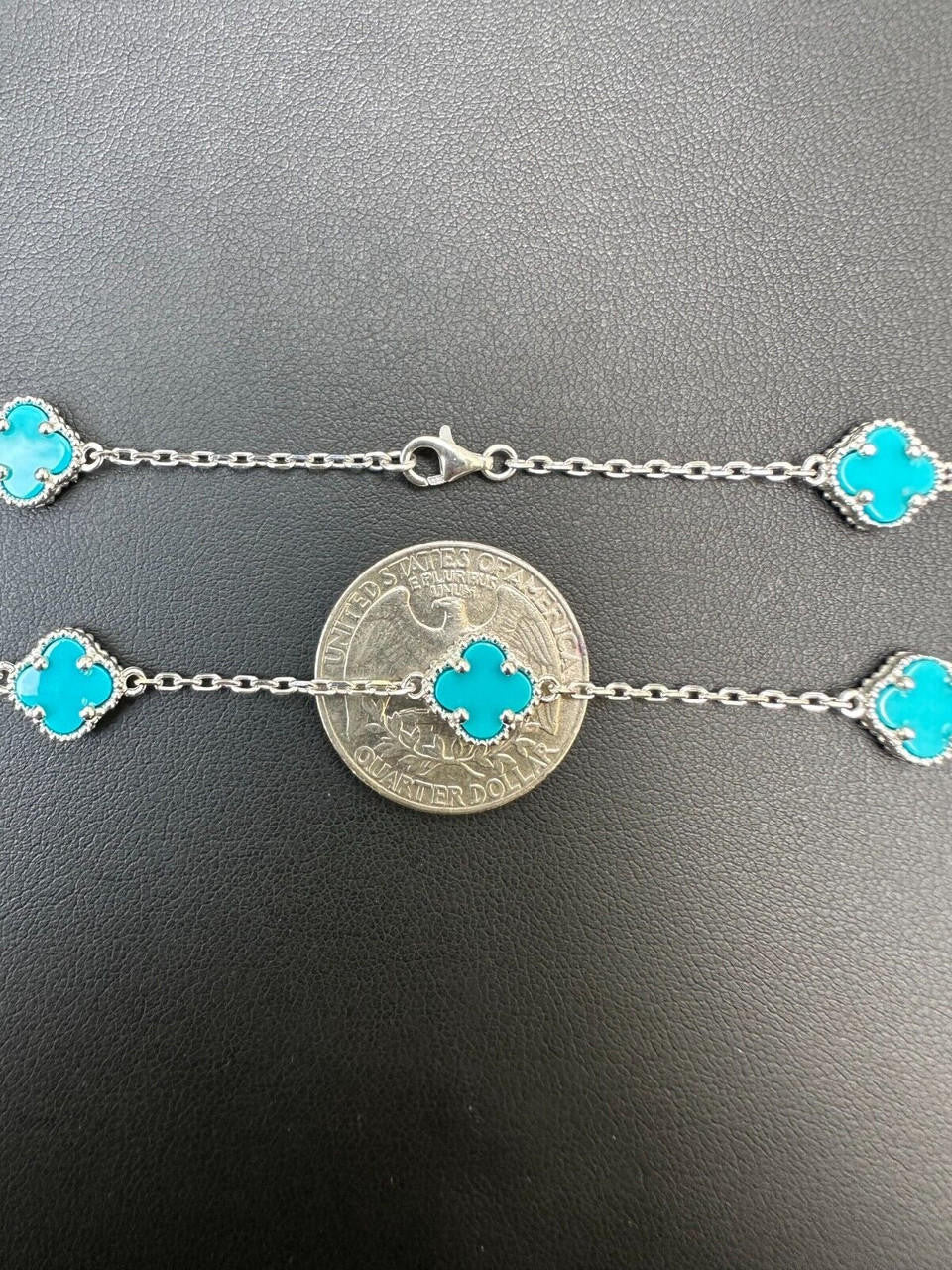 Cleef Clover Link Chain Necklace Or Bracelet Natural Blue Turquoise Motifs - 925 Sterling Silver - 5.5"-24"