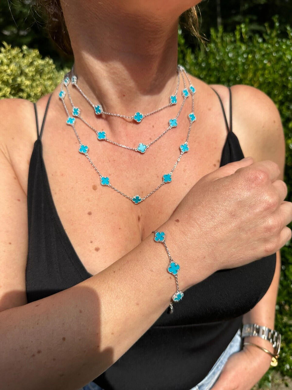 Cleef Clover Link Chain Necklace Or Bracelet Natural Blue Turquoise Motifs - 925 Sterling Silver - 5.5"-24"