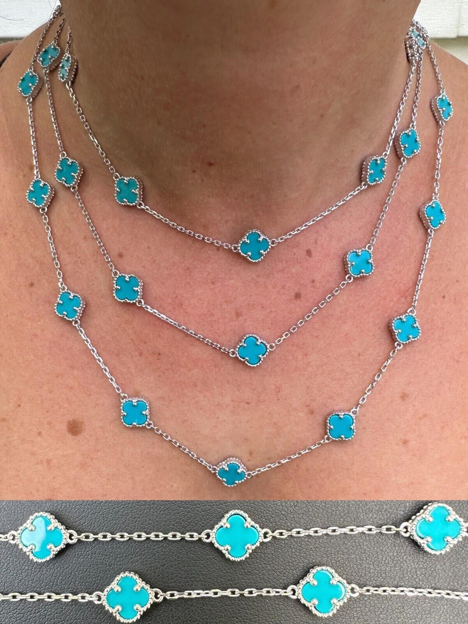 Cleef Clover Link Chain Necklace Or Bracelet Natural Blue Turquoise Motifs - 925 Sterling Silver - 5.5"-24"