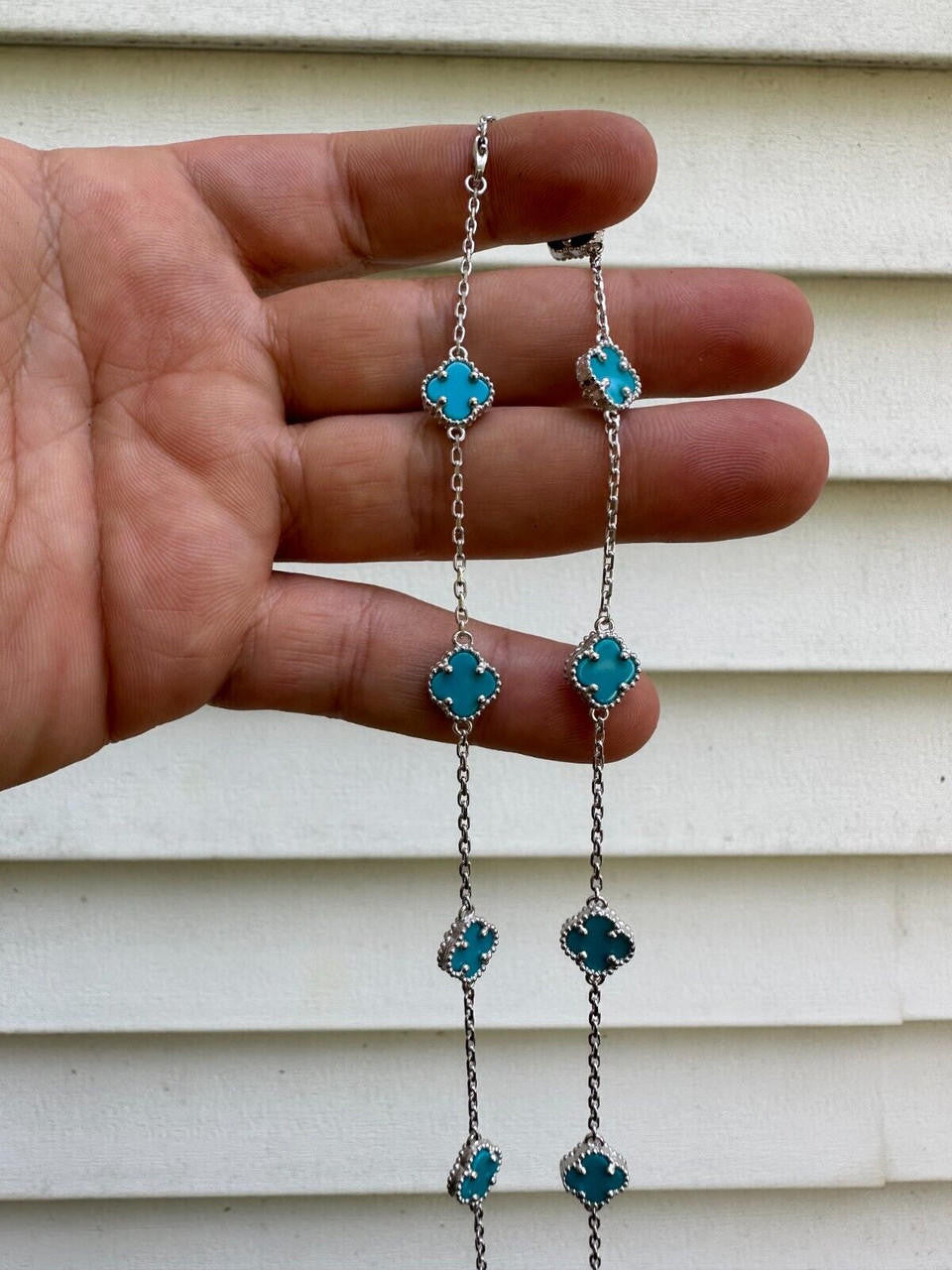 Cleef Clover Link Chain Necklace Or Bracelet Natural Blue Turquoise Motifs - 925 Sterling Silver - 5.5"-24"