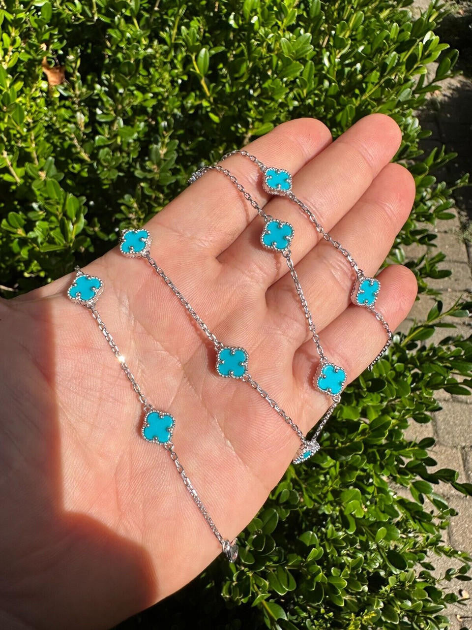 Cleef Clover Link Chain Necklace Or Bracelet Natural Blue Turquoise Motifs - 925 Sterling Silver - 5.5"-24"