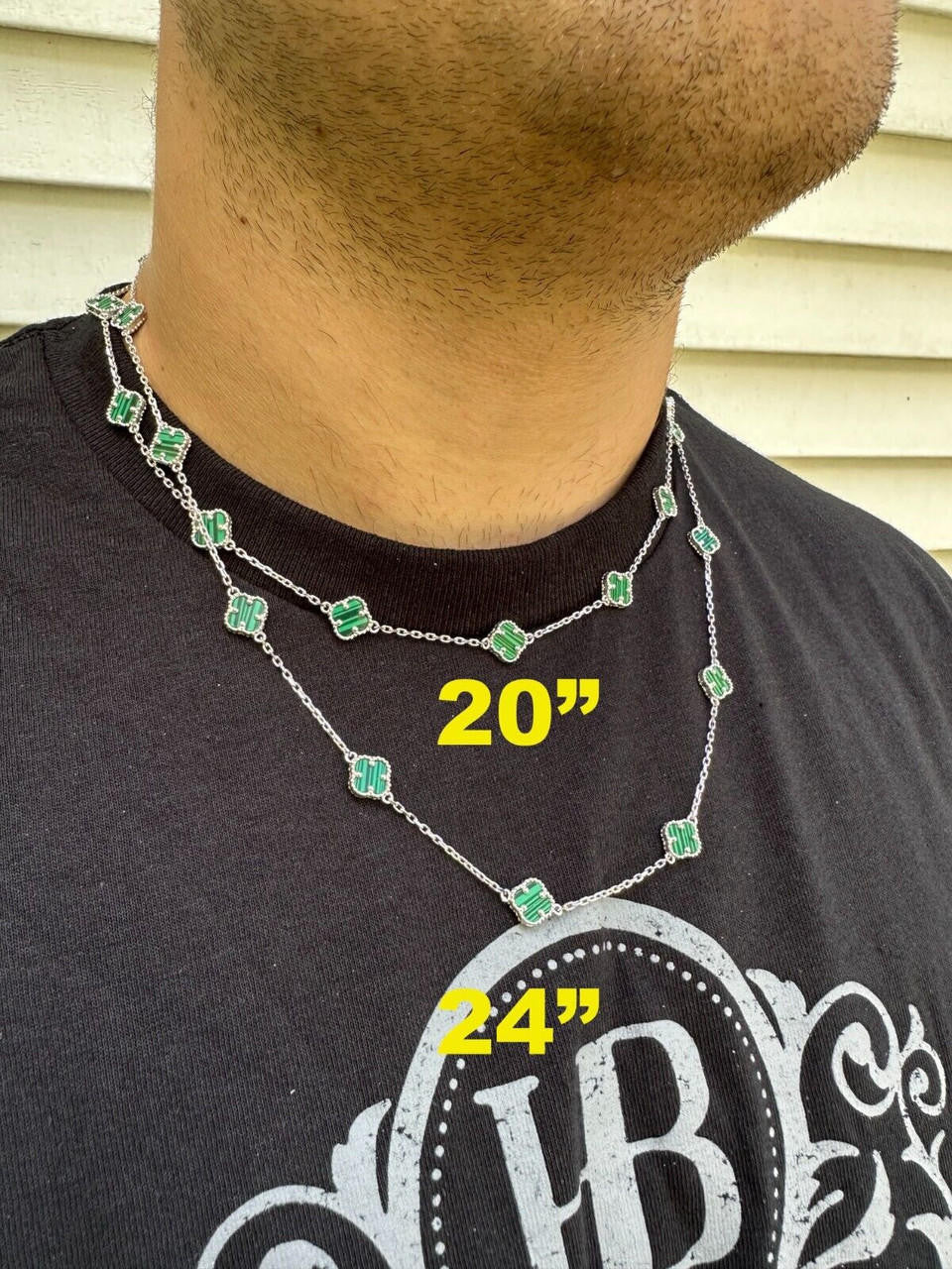 Cleef Clover Link Chain Necklace Or Bracelet Natural Green Malachite Motifs - 925 Sterling Silver - 5.5"-24"