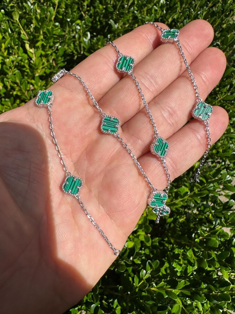 Cleef Clover Link Chain Necklace Or Bracelet Natural Green Malachite Motifs - 925 Sterling Silver - 5.5"-24"