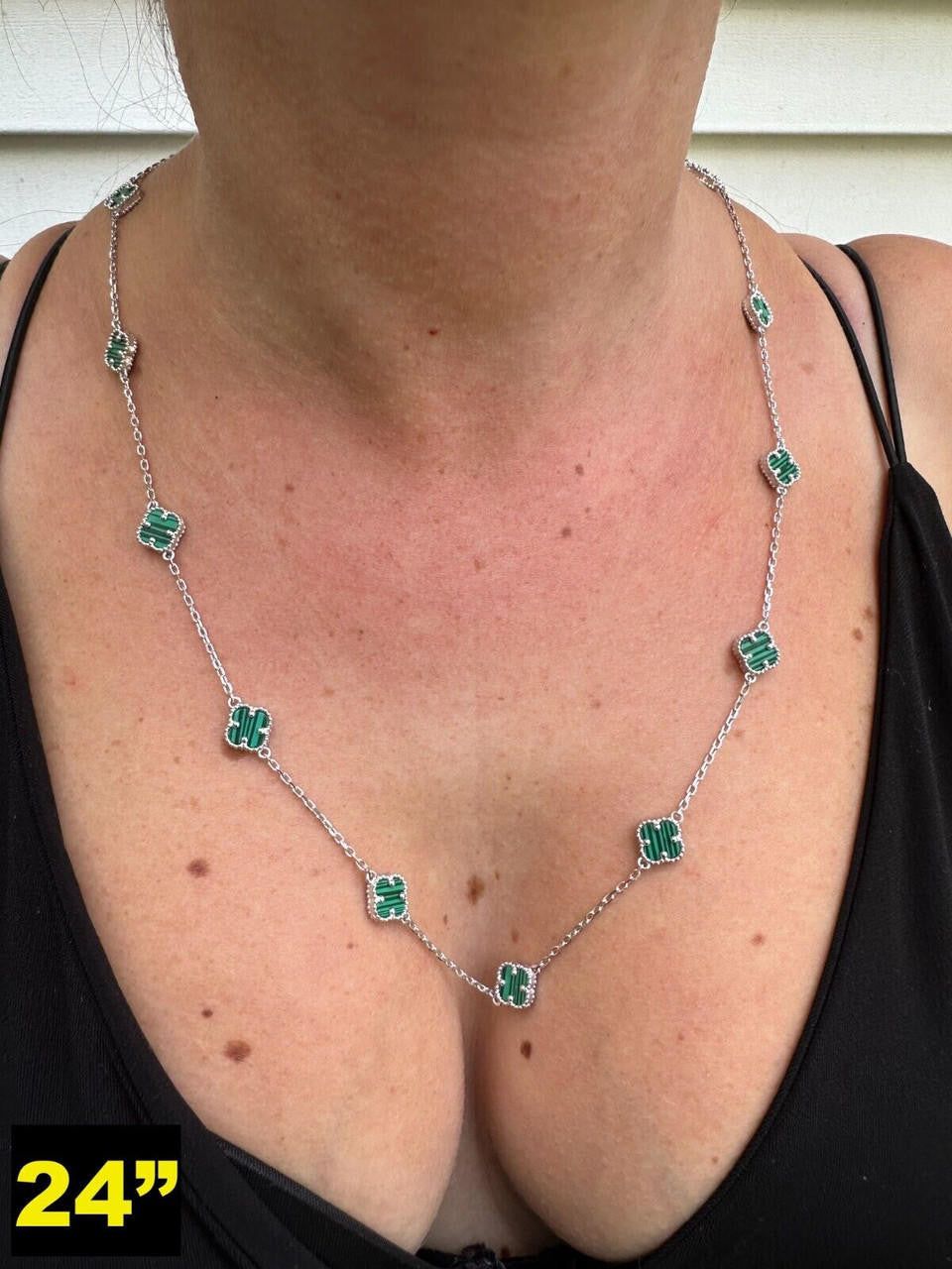 Cleef Clover Link Chain Necklace Or Bracelet Natural Green Malachite Motifs - 925 Sterling Silver - 5.5"-24"