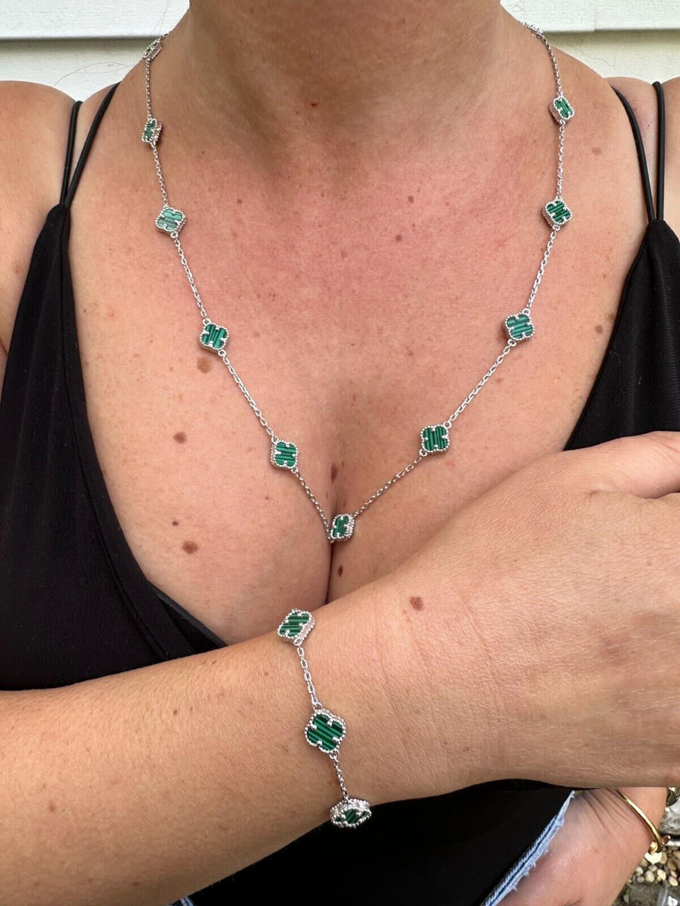 Cleef Clover Link Chain Necklace Or Bracelet Natural Green Malachite Motifs - 925 Sterling Silver - 5.5"-24"