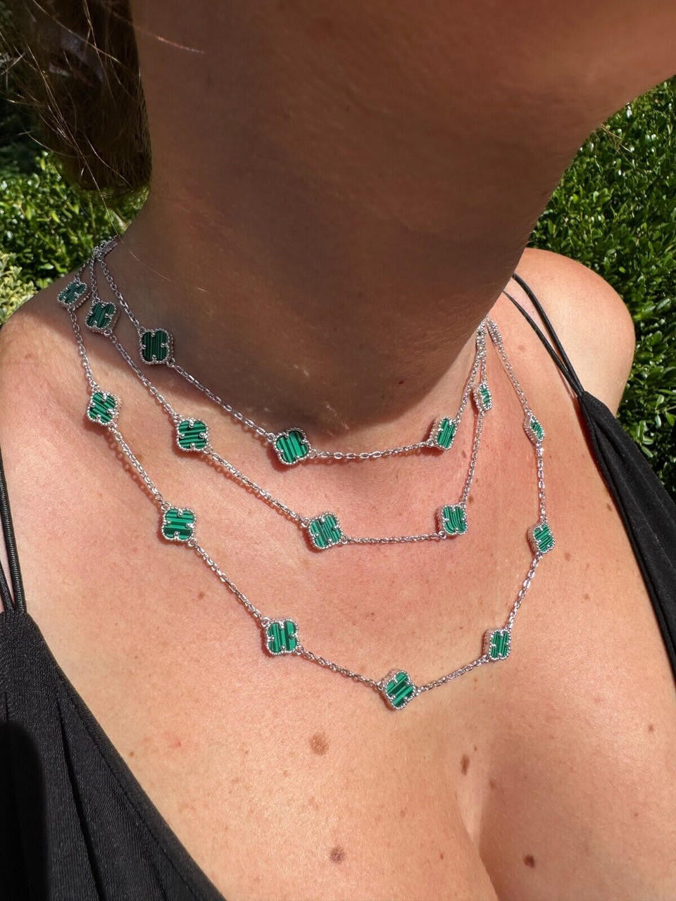 Cleef Clover Link Chain Necklace Or Bracelet Natural Green Malachite Motifs - 925 Sterling Silver - 5.5"-24"