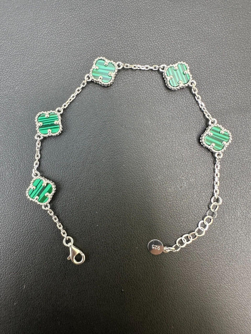Cleef Clover Link Chain Necklace Or Bracelet Natural Green Malachite Motifs - 925 Sterling Silver - 5.5"-24"