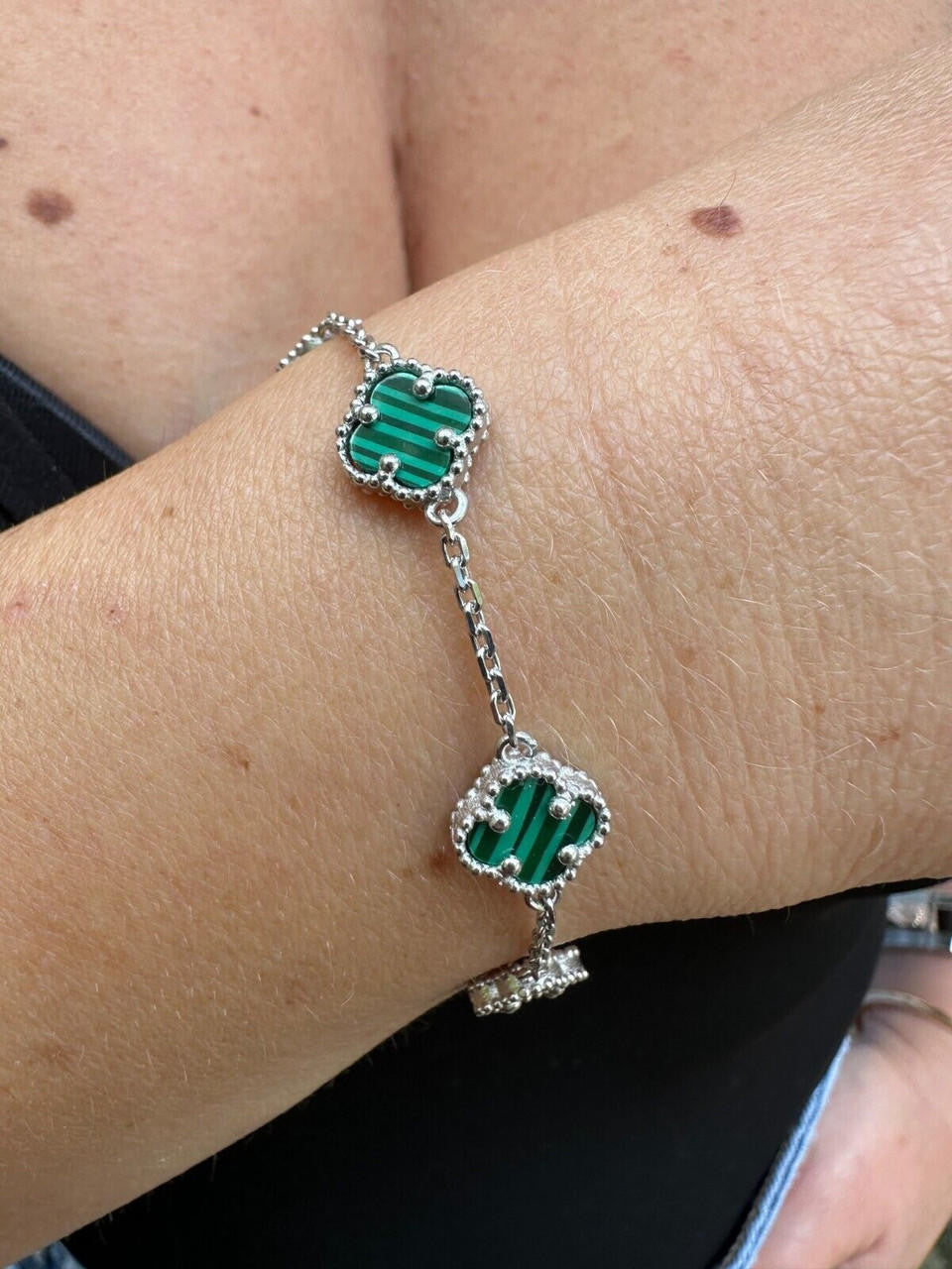 Cleef Clover Link Chain Necklace Or Bracelet Natural Green Malachite Motifs - 925 Sterling Silver - 5.5"-24"