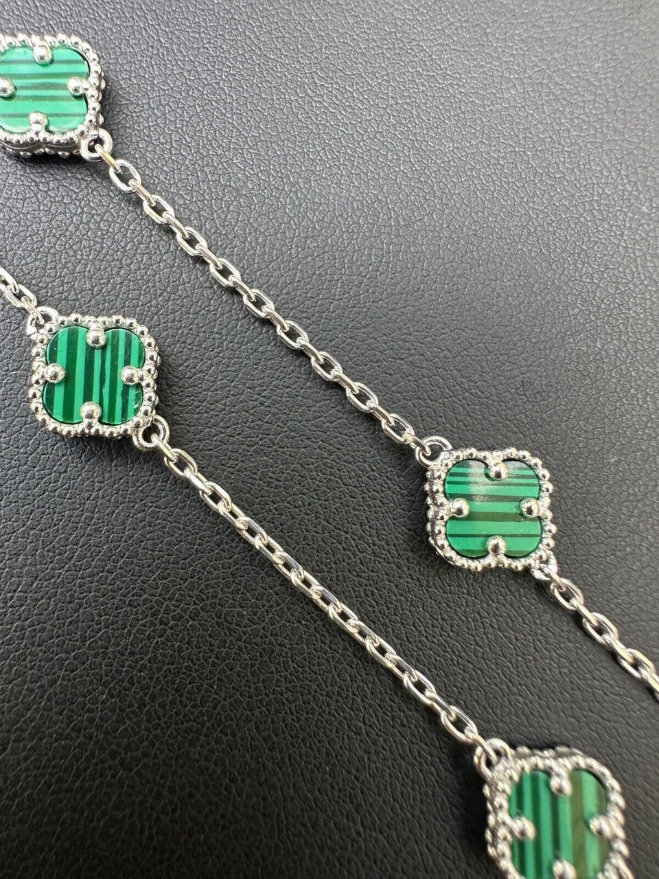 Cleef Clover Link Chain Necklace Or Bracelet Natural Green Malachite Motifs - 925 Sterling Silver - 5.5"-24"