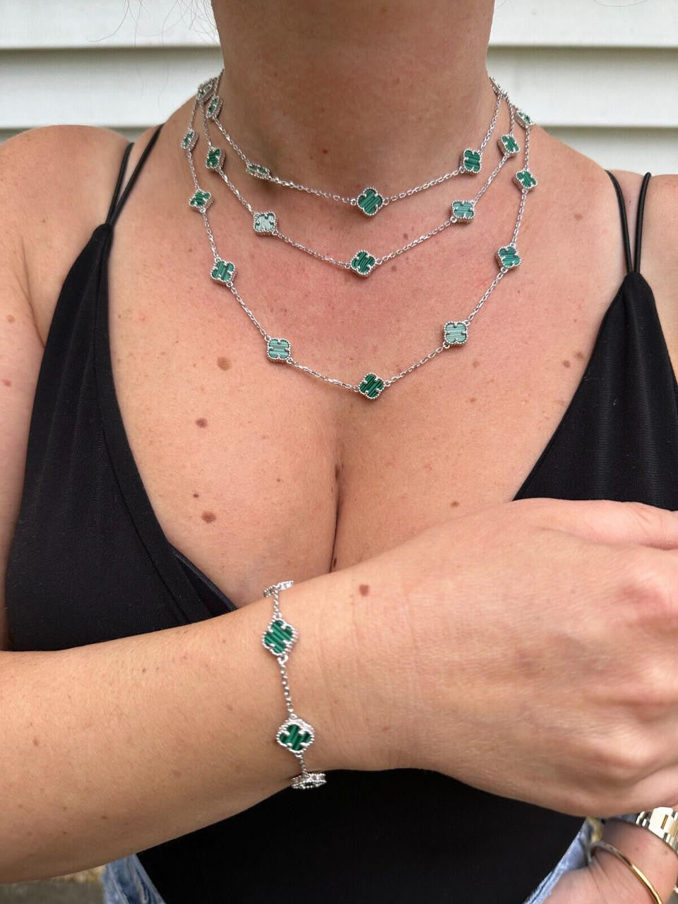 Cleef Clover Link Chain Necklace Or Bracelet Natural Green Malachite Motifs - 925 Sterling Silver - 5.5"-24"