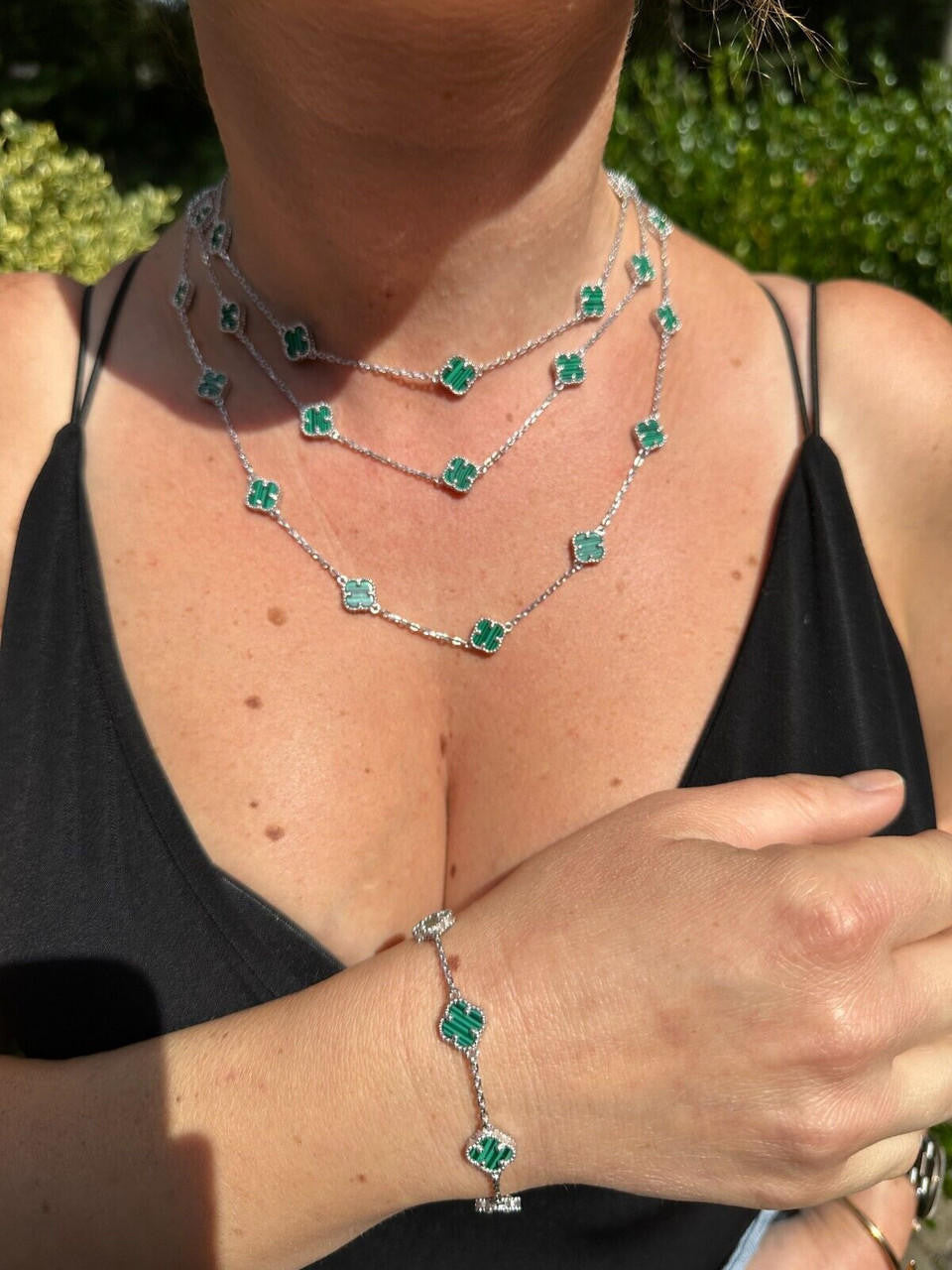 Cleef Clover Link Chain Necklace Or Bracelet Natural Green Malachite Motifs - 925 Sterling Silver - 5.5"-24"