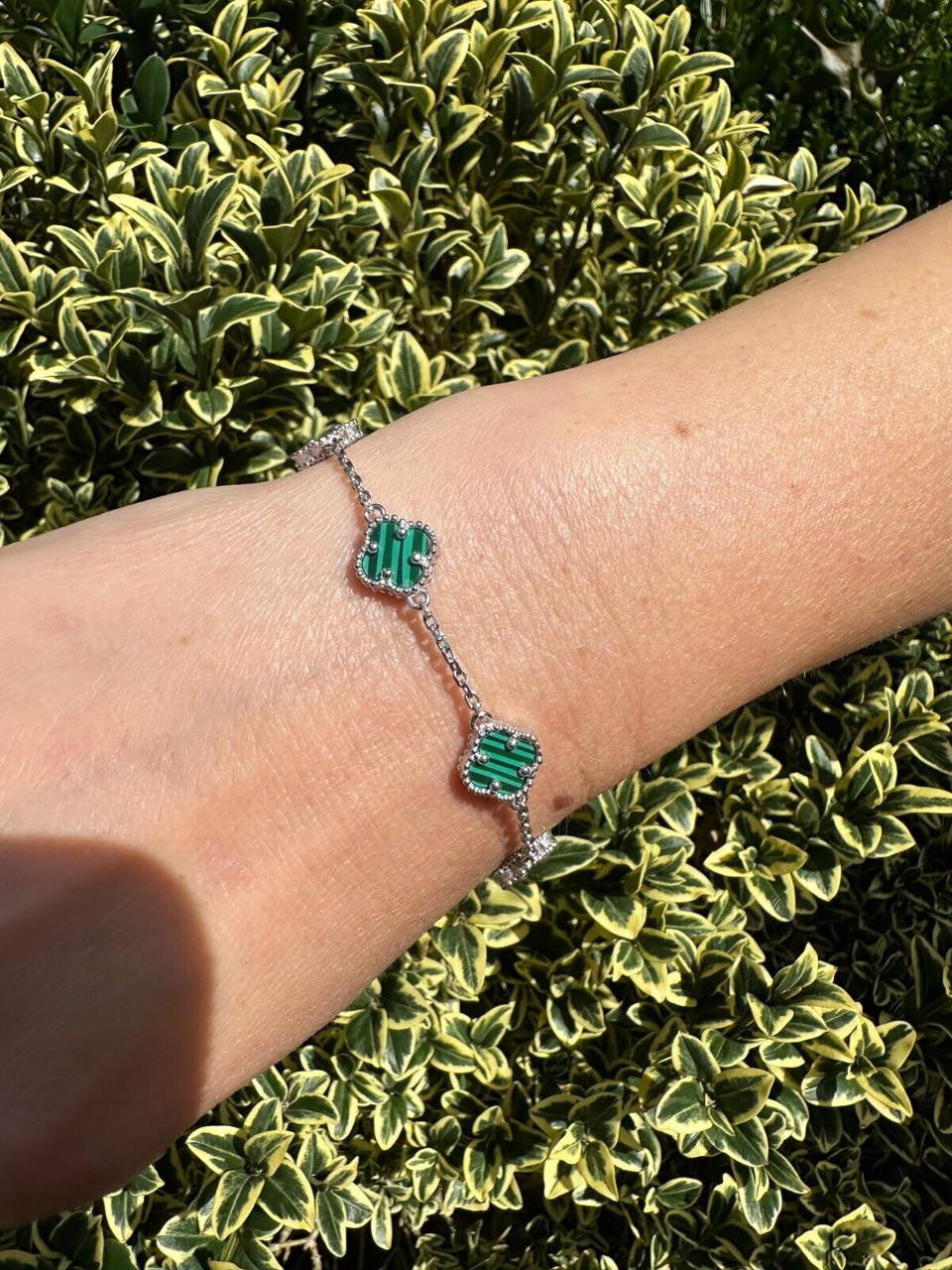 Cleef Clover Link Chain Necklace Or Bracelet Natural Green Malachite Motifs - 925 Sterling Silver - 5.5"-24"