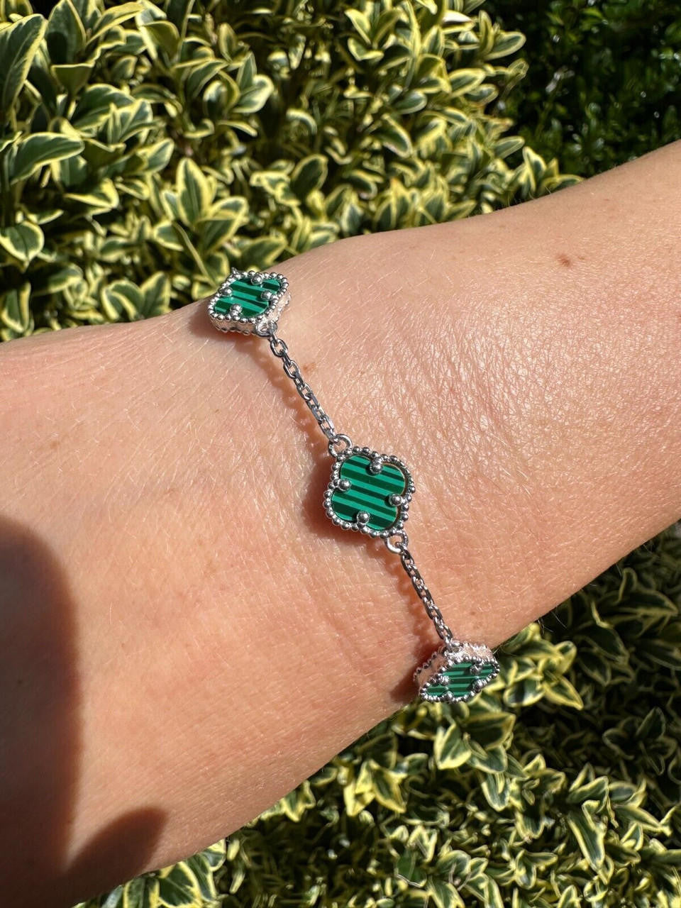 Cleef Clover Link Chain Necklace Or Bracelet Natural Green Malachite Motifs - 925 Sterling Silver - 5.5"-24"