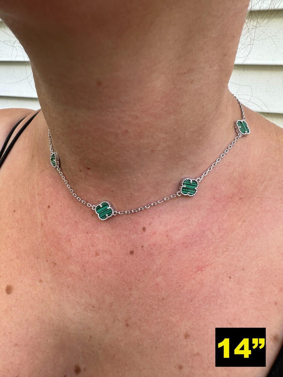 Cleef Clover Link Chain Necklace Or Bracelet Natural Green Malachite Motifs - 925 Sterling Silver - 5.5"-24"