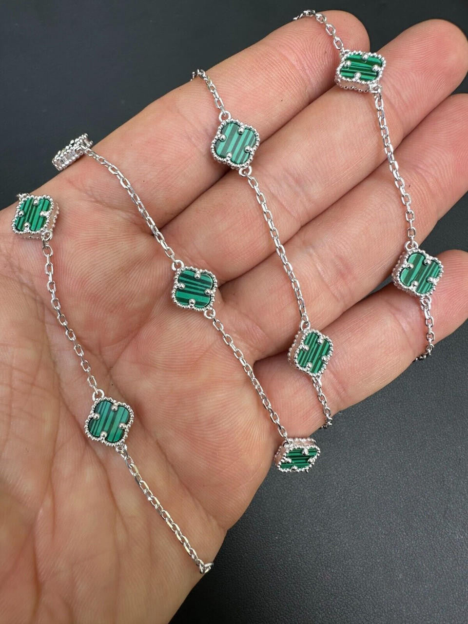 Cleef Clover Link Chain Necklace Or Bracelet Natural Green Malachite Motifs - 925 Sterling Silver - 5.5"-24"