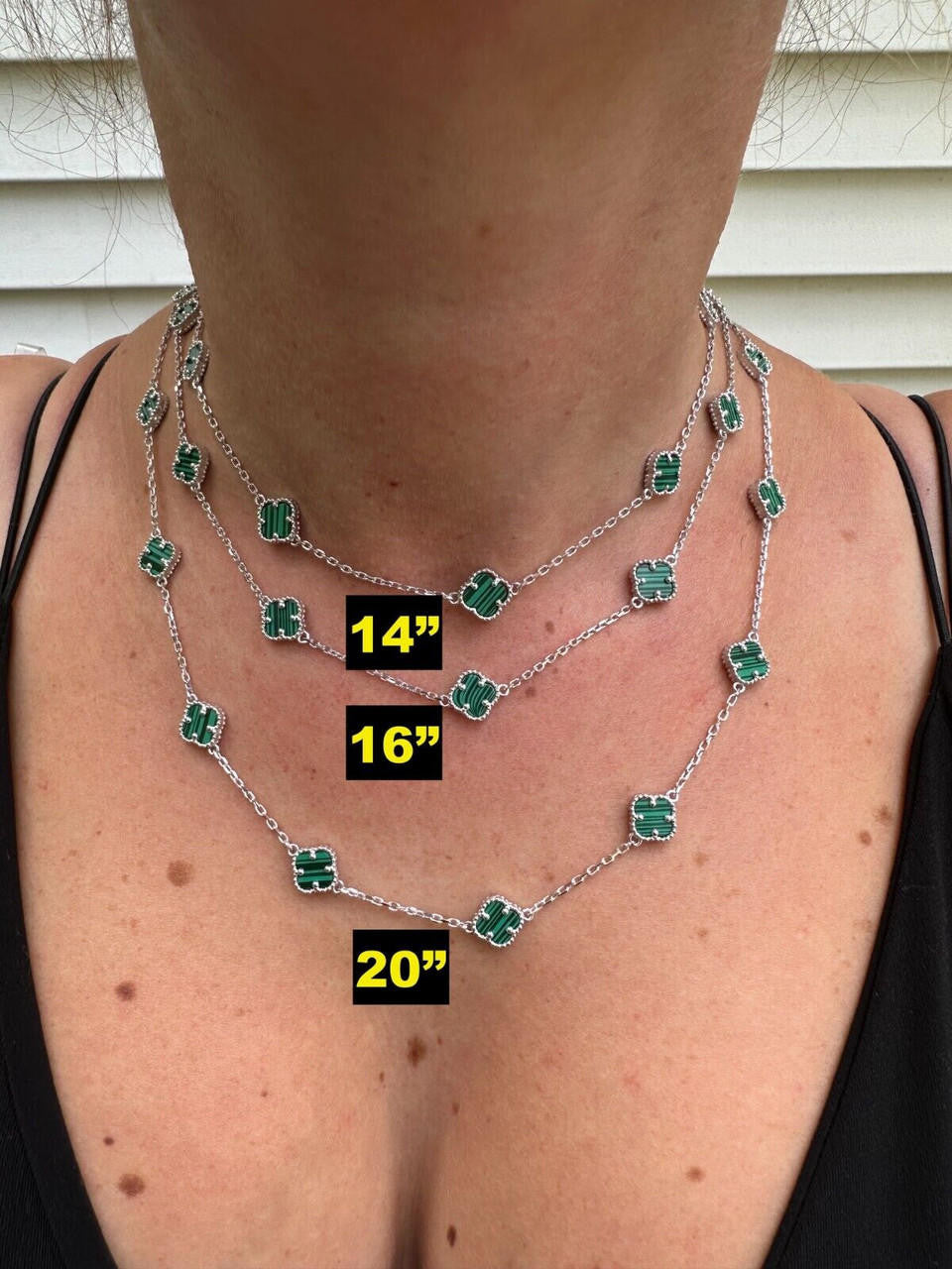 Cleef Clover Link Chain Necklace Or Bracelet Natural Green Malachite Motifs - 925 Sterling Silver - 5.5"-24"
