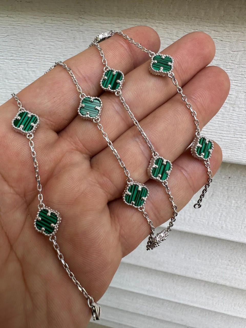 Cleef Clover Link Chain Necklace Or Bracelet Natural Green Malachite Motifs - 925 Sterling Silver - 5.5"-24"