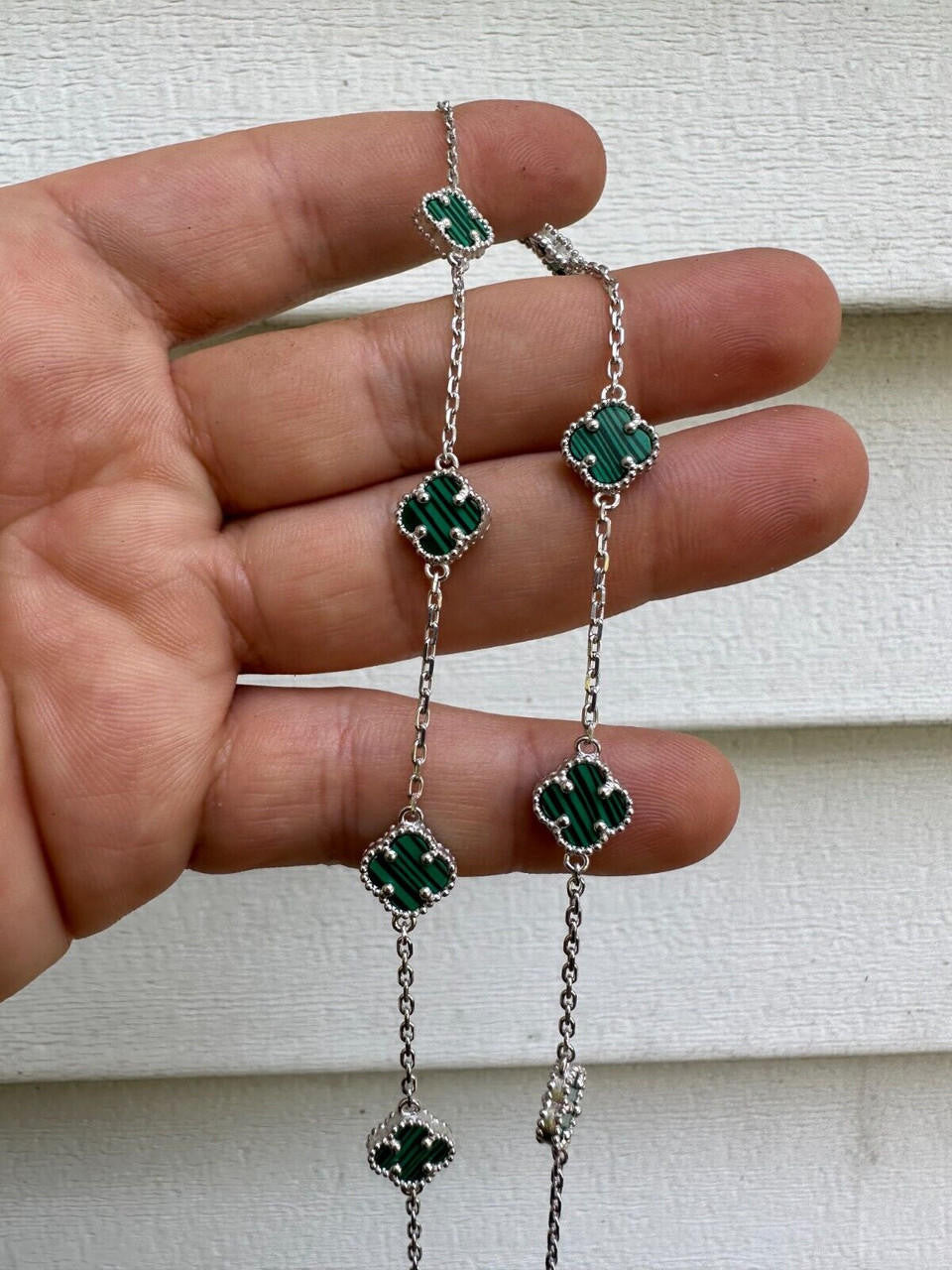 Cleef Clover Link Chain Necklace Or Bracelet Natural Green Malachite Motifs - 925 Sterling Silver - 5.5"-24"