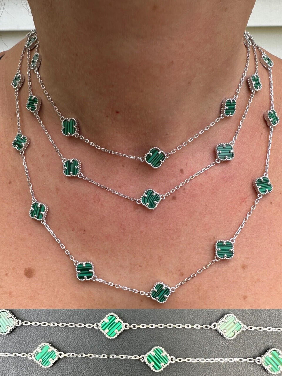 Cleef Clover Link Chain Necklace Or Bracelet Natural Green Malachite Motifs - 925 Sterling Silver - 5.5"-24"