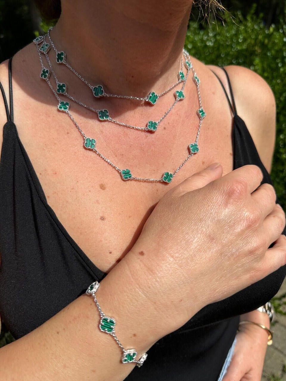Cleef Clover Link Chain Necklace Or Bracelet Natural Green Malachite Motifs - 925 Sterling Silver - 5.5"-24"