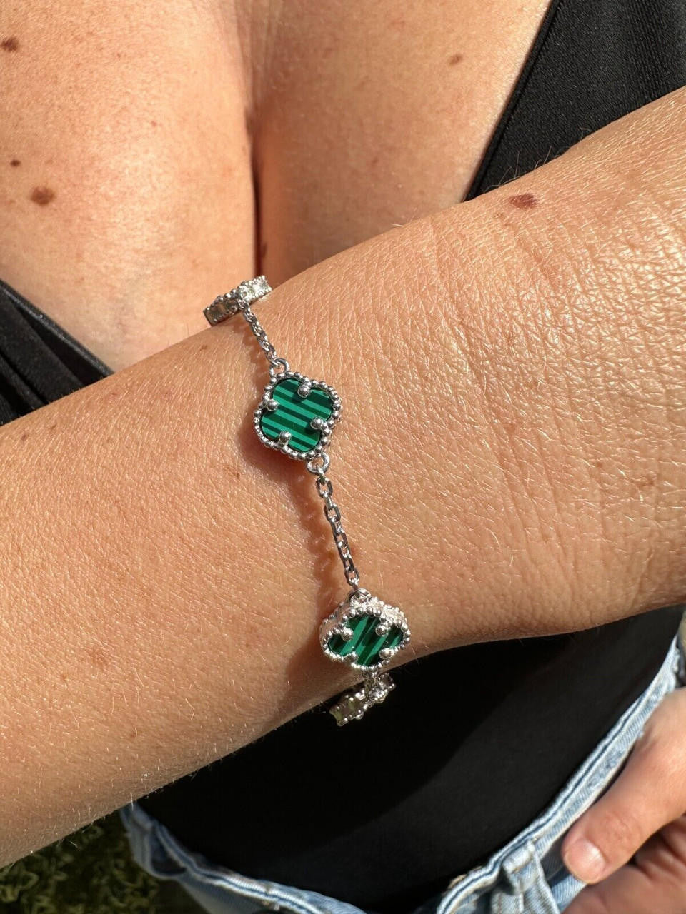 Cleef Clover Link Chain Necklace Or Bracelet Natural Green Malachite Motifs - 925 Sterling Silver - 5.5"-24"