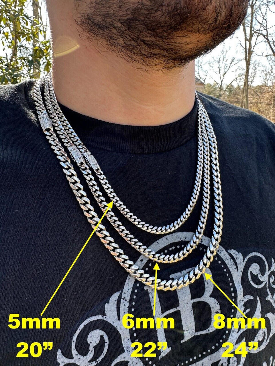 MOISSANITE Baguette Iced Clasp Miami Cuban Link Chain Necklace - 925 Silver - 16"-30" - 5mm-12mm
