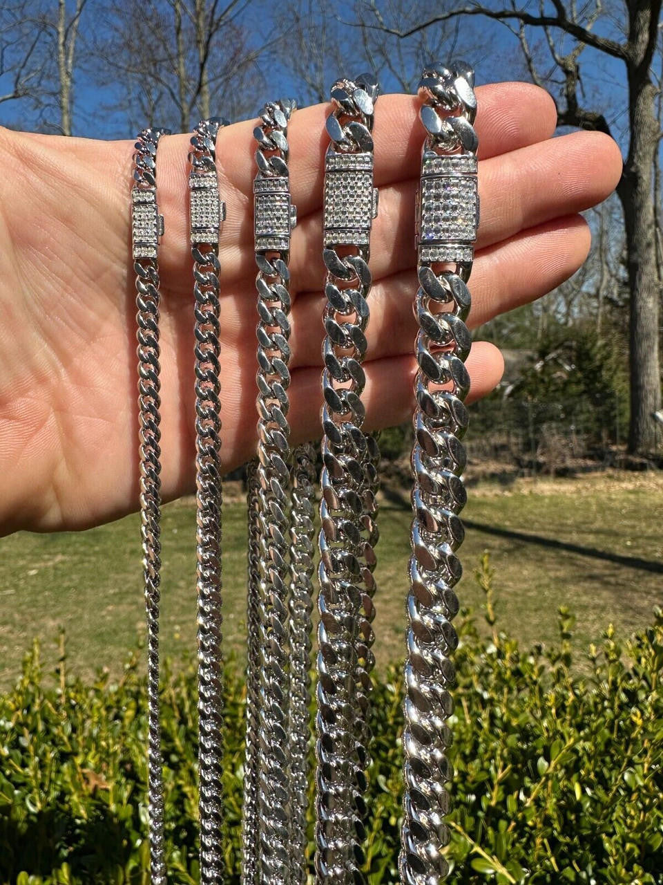 MOISSANITE Baguette Iced Clasp Miami Cuban Link Chain Necklace - 925 Silver - 16"-30" - 5mm-12mm