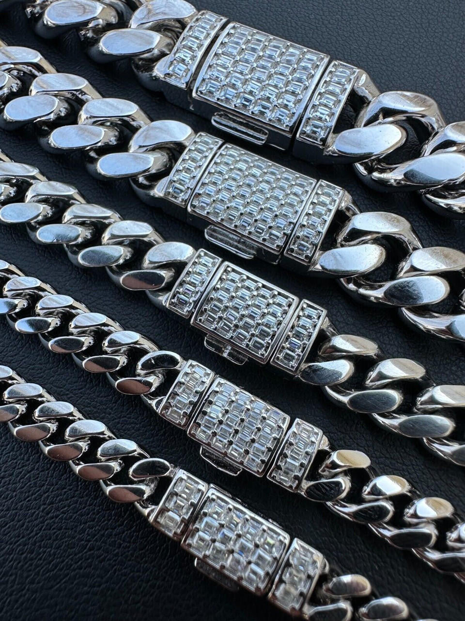 MOISSANITE Baguette Iced Clasp Miami Cuban Link Chain Necklace - 925 Silver - 16"-30" - 5mm-12mm