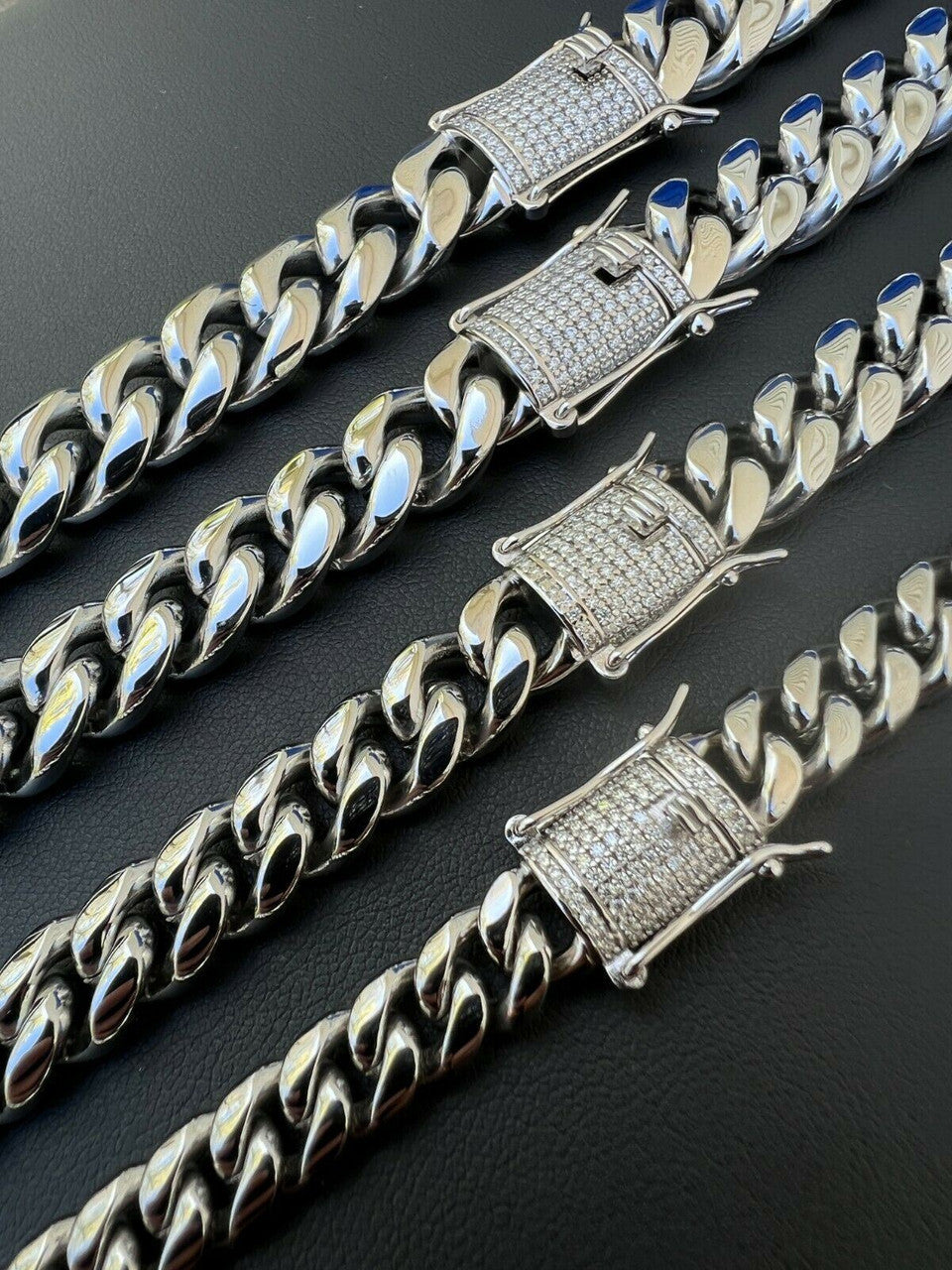 MOISSANITE CLASP Miami Cuban Link Chain Necklace - Stainless Steel W. 925 Silver Clasp - 16"-30" - 8mm-14mm