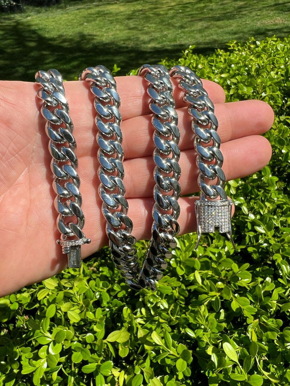 MOISSANITE CLASP Miami Cuban Link Chain Necklace - Stainless Steel W. 925 Silver Clasp - 16"-30" - 8mm-14mm