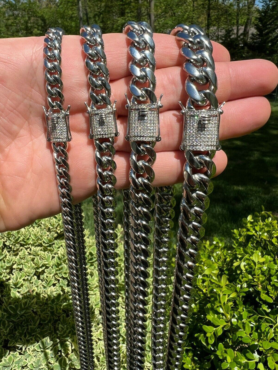 MOISSANITE CLASP Miami Cuban Link Chain Necklace - Stainless Steel W. 925 Silver Clasp - 16"-30" - 8mm-14mm