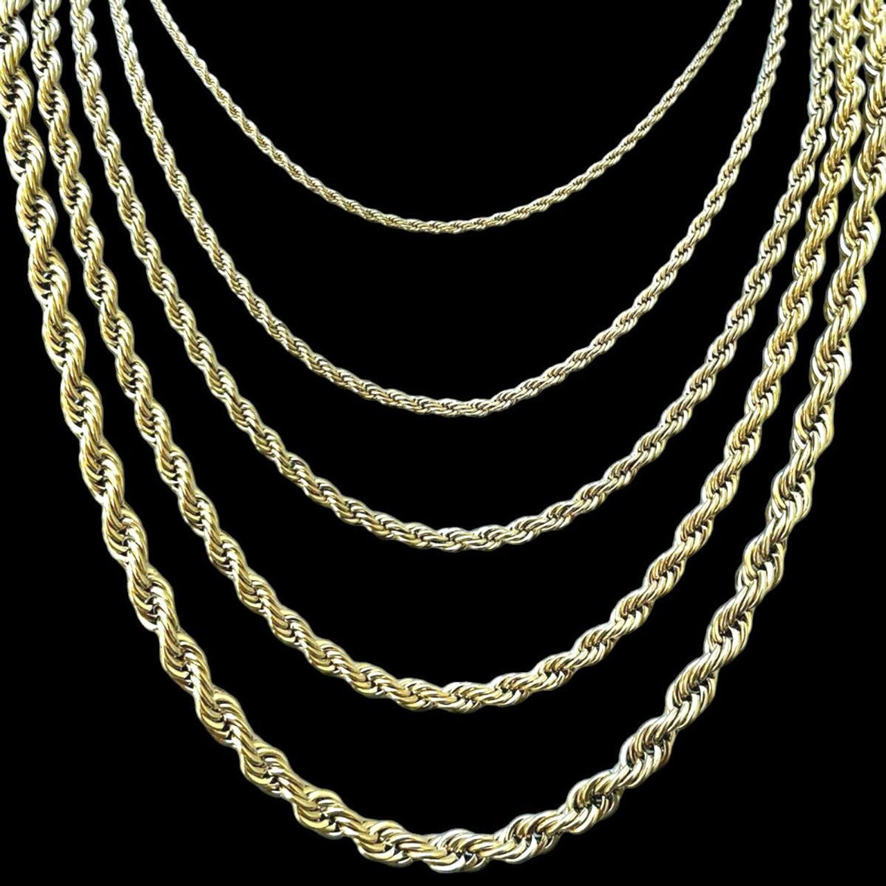 Rope Chain Necklace - 14k Yellow Gold Plated Stainless Steel - 18"-30" - 2mm-6mm
