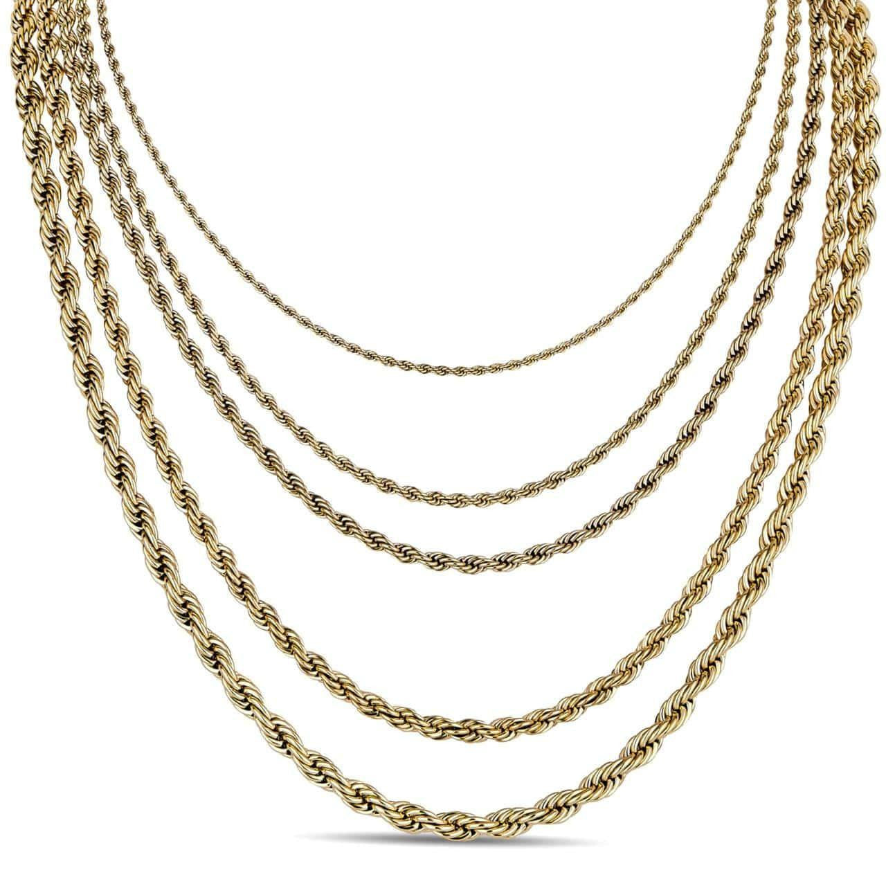 Rope Chain Necklace - 14k Yellow Gold Plated Stainless Steel - 18"-30" - 2mm-6mm