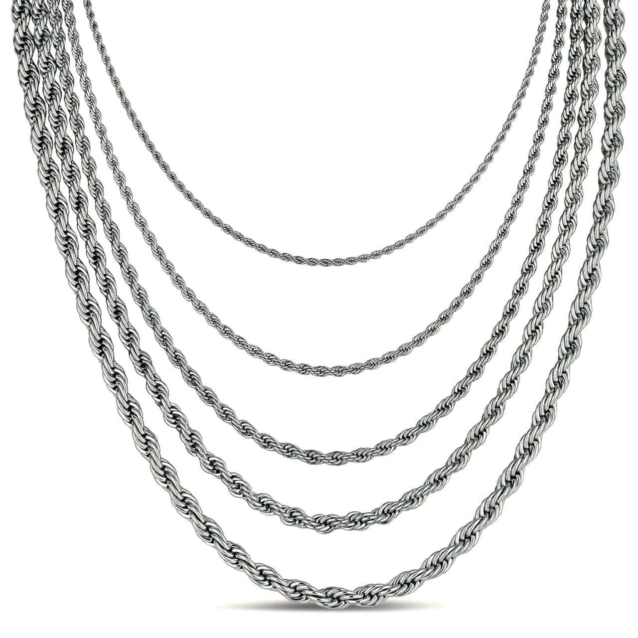Rope Chain Necklace - White Gold Plated Stainless Steel - 18"-30" - 2mm-6mm