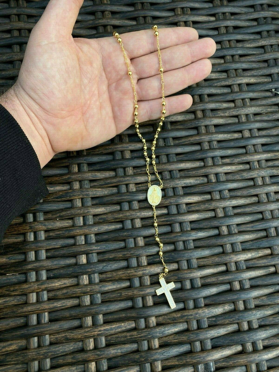 Classic Italian Virgin Mary Rosary Beads Necklace Iced Out CZ Stones - 14k Gold Vermeil 925 Silver - 4mm - 24"