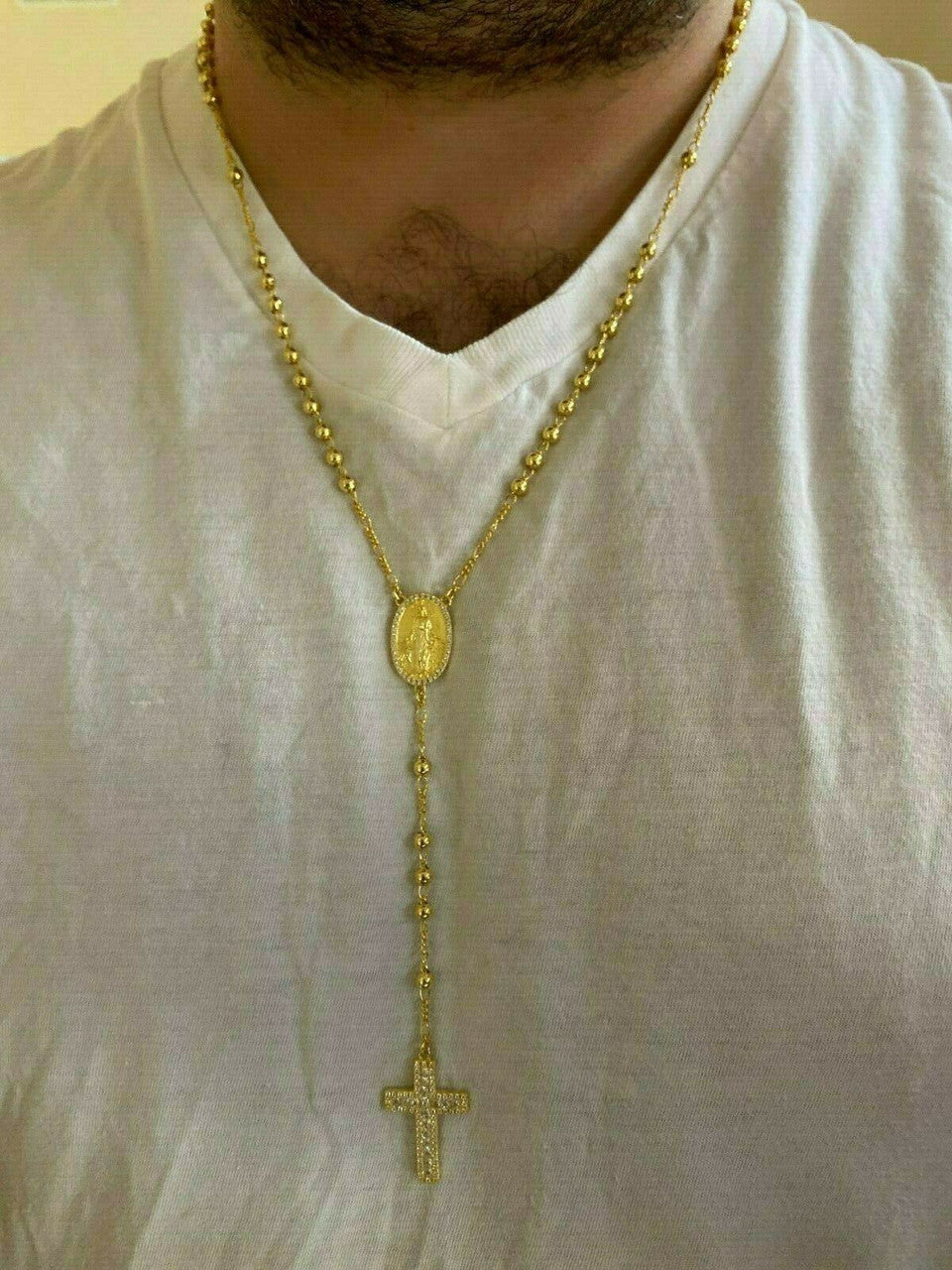 Classic Italian Virgin Mary Rosary Beads Necklace Iced Out CZ Stones - 14k Gold Vermeil 925 Silver - 4mm - 24"