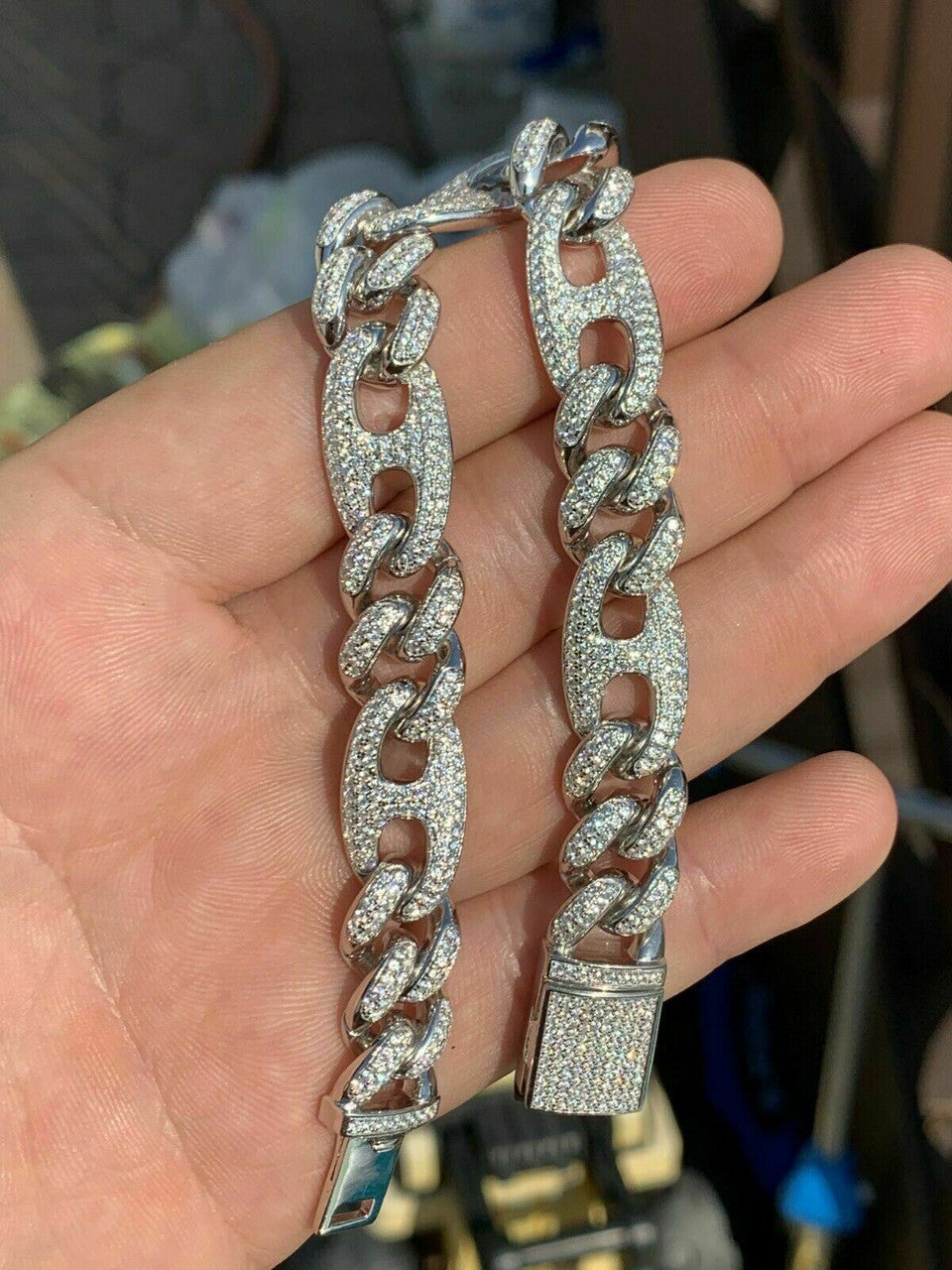 Figarucci Figaro Mariner Cross Link Chain Necklace Iced Out CZ Stones - 925 Silver - 12mm - 18"-30"