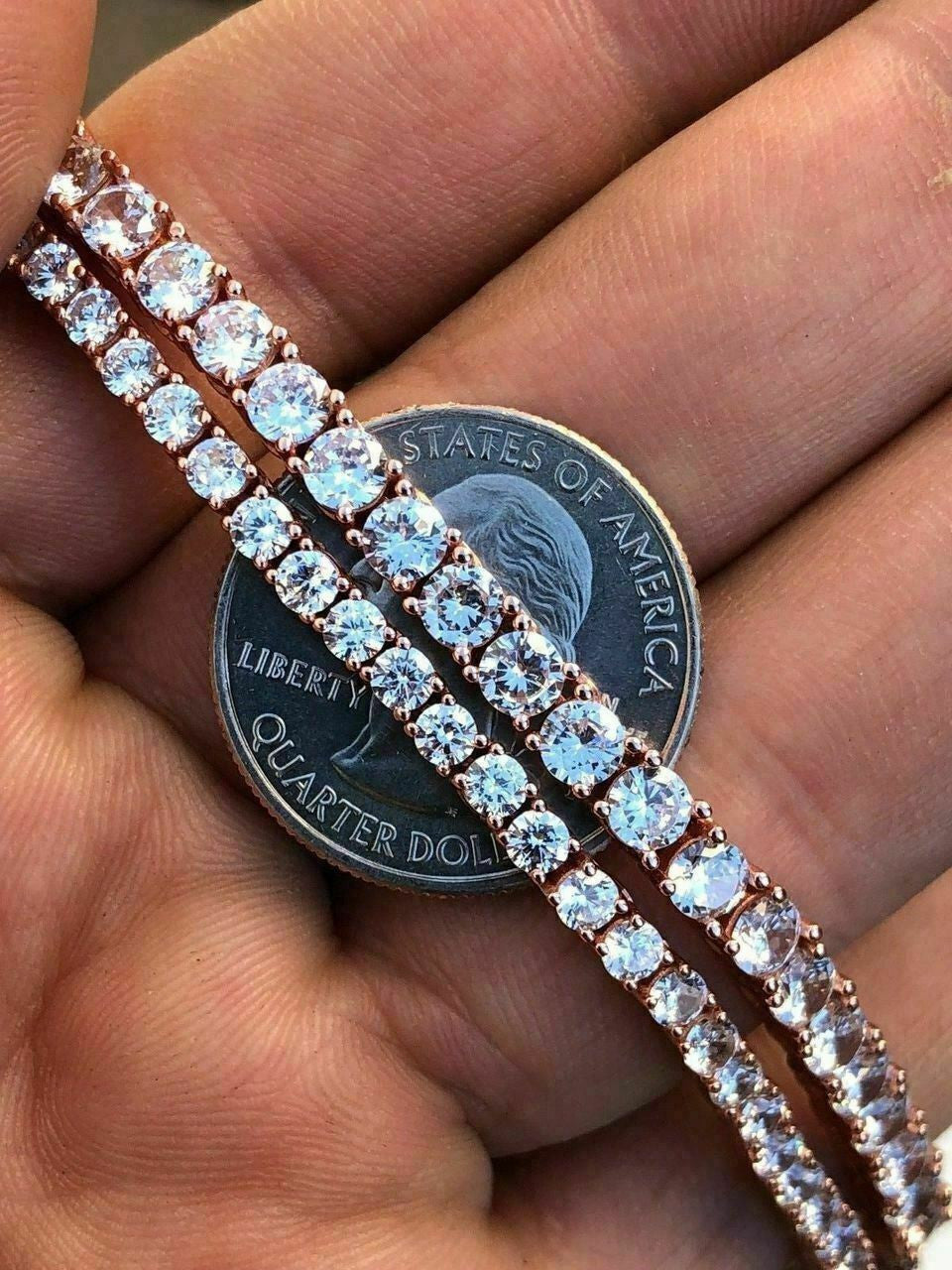 Tennis Chain Necklace Iced Out CZ Stones - 14k Rose Gold Vermeil Over 925 Silver - 3mm-6mm - 16"-30"
