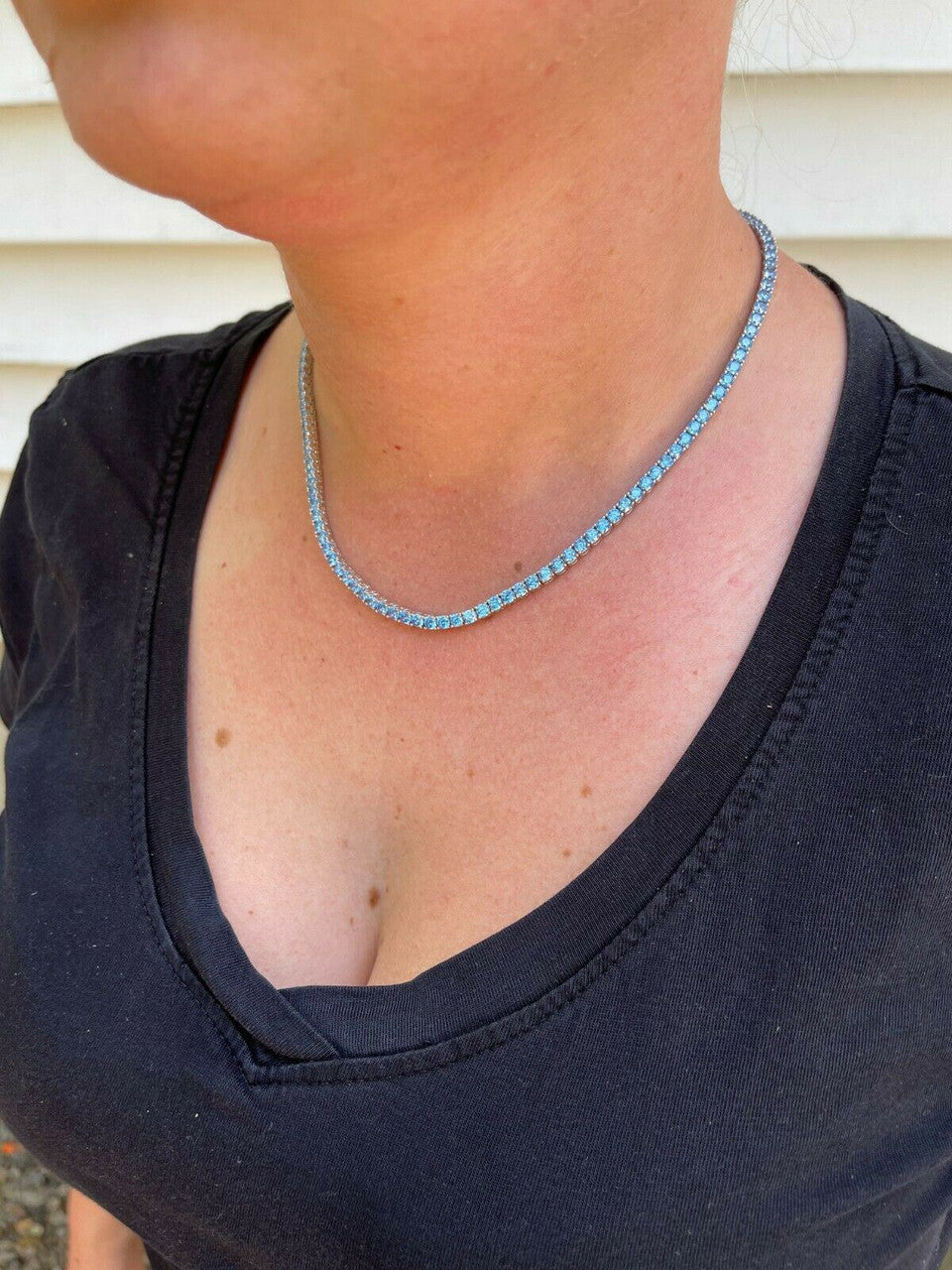 Tennis Chain Necklace Iced Out Blue CZ Stones - 925 Silver - 3mm - 16"-28"