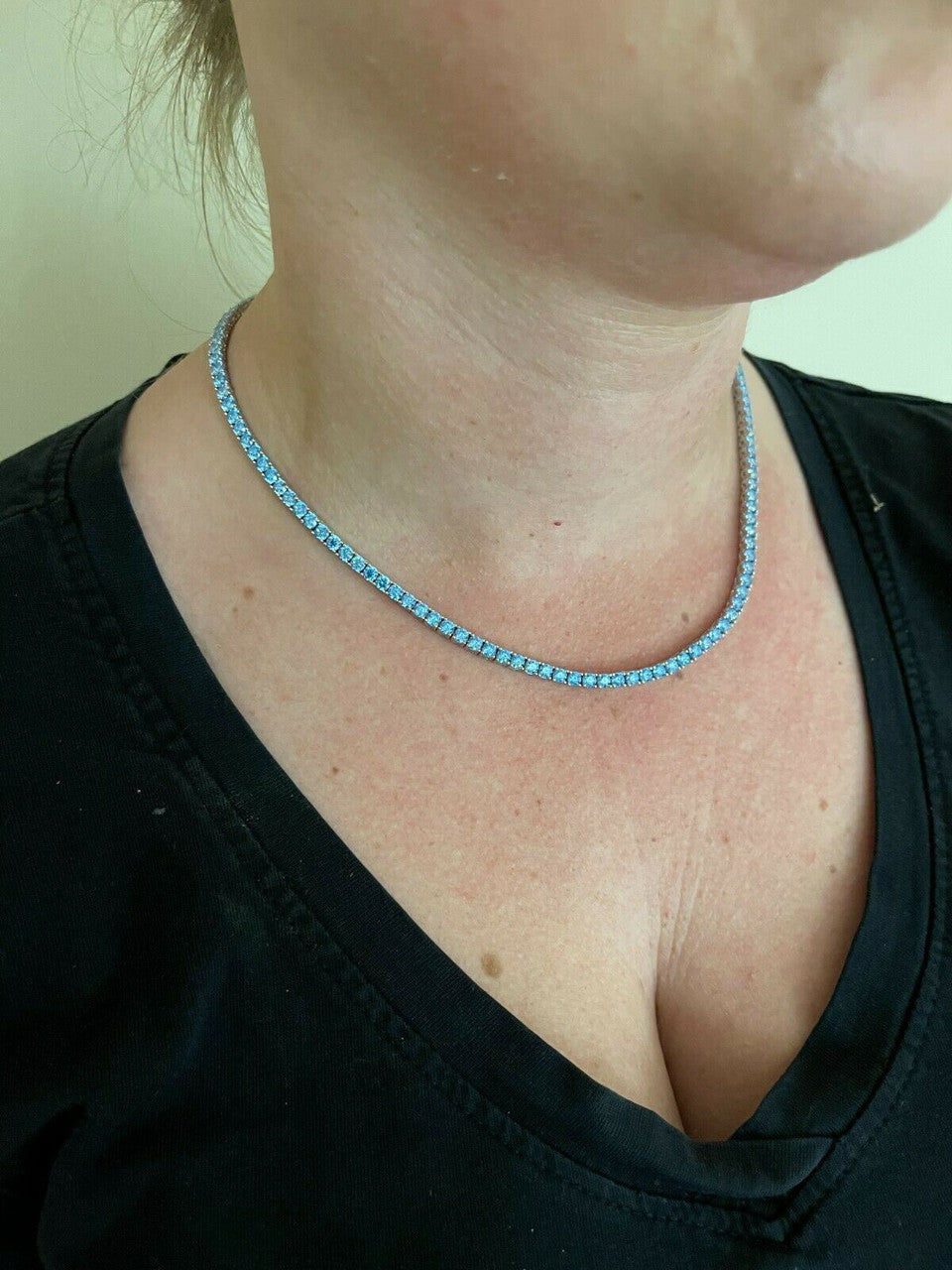 Tennis Chain Necklace Iced Out Blue CZ Stones - 925 Silver - 3mm - 16"-28"