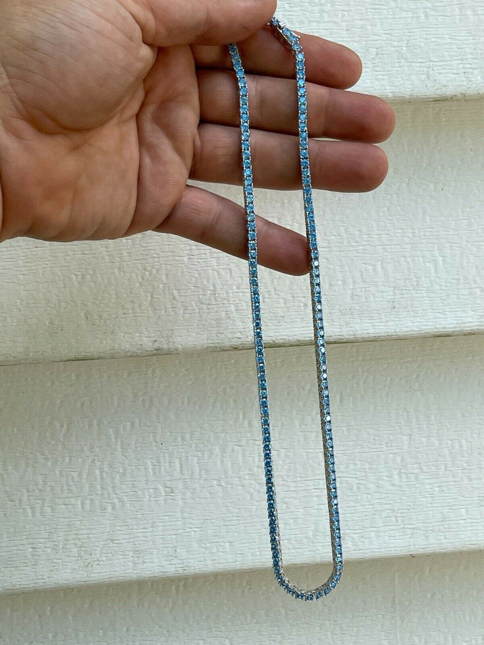 Tennis Chain Necklace Iced Out Blue CZ Stones - 925 Silver - 3mm - 16"-28"