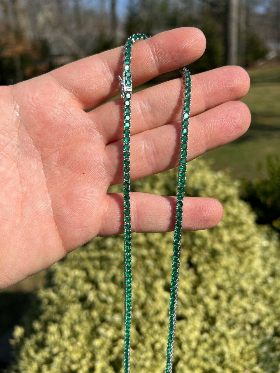Tennis Chain Necklace Iced Out Green CZ Stones - 925 Silver - 3mm - 16"-28"