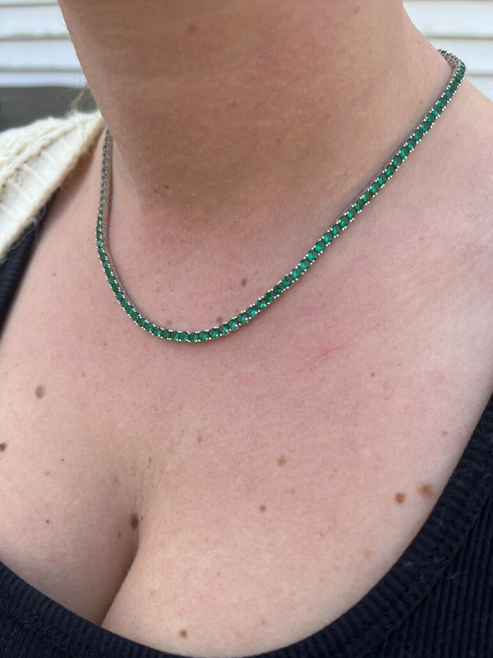 Tennis Chain Necklace Iced Out Green CZ Stones - 925 Silver - 3mm - 16"-28"