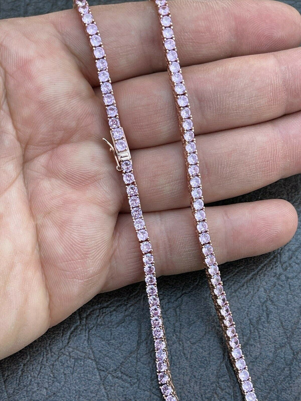 Tennis Chain Necklace Iced Out Pink CZ Stones - 14k Rose Gold Vermeil 925 Silver - 3mm - 16"-28"