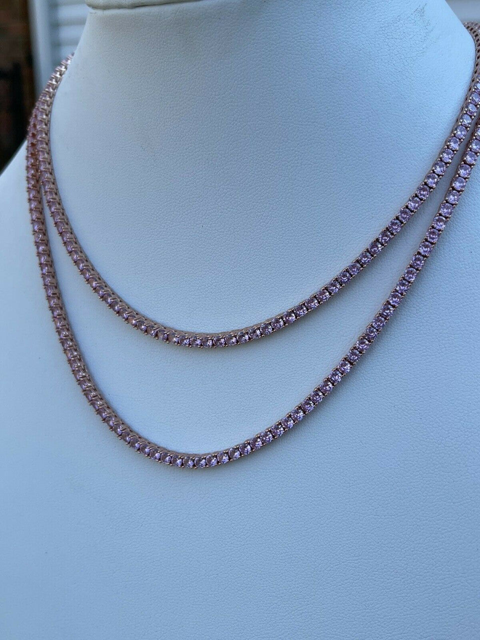 Tennis Chain Necklace Iced Out Pink CZ Stones - 14k Rose Gold Vermeil 925 Silver - 3mm - 16"-28"