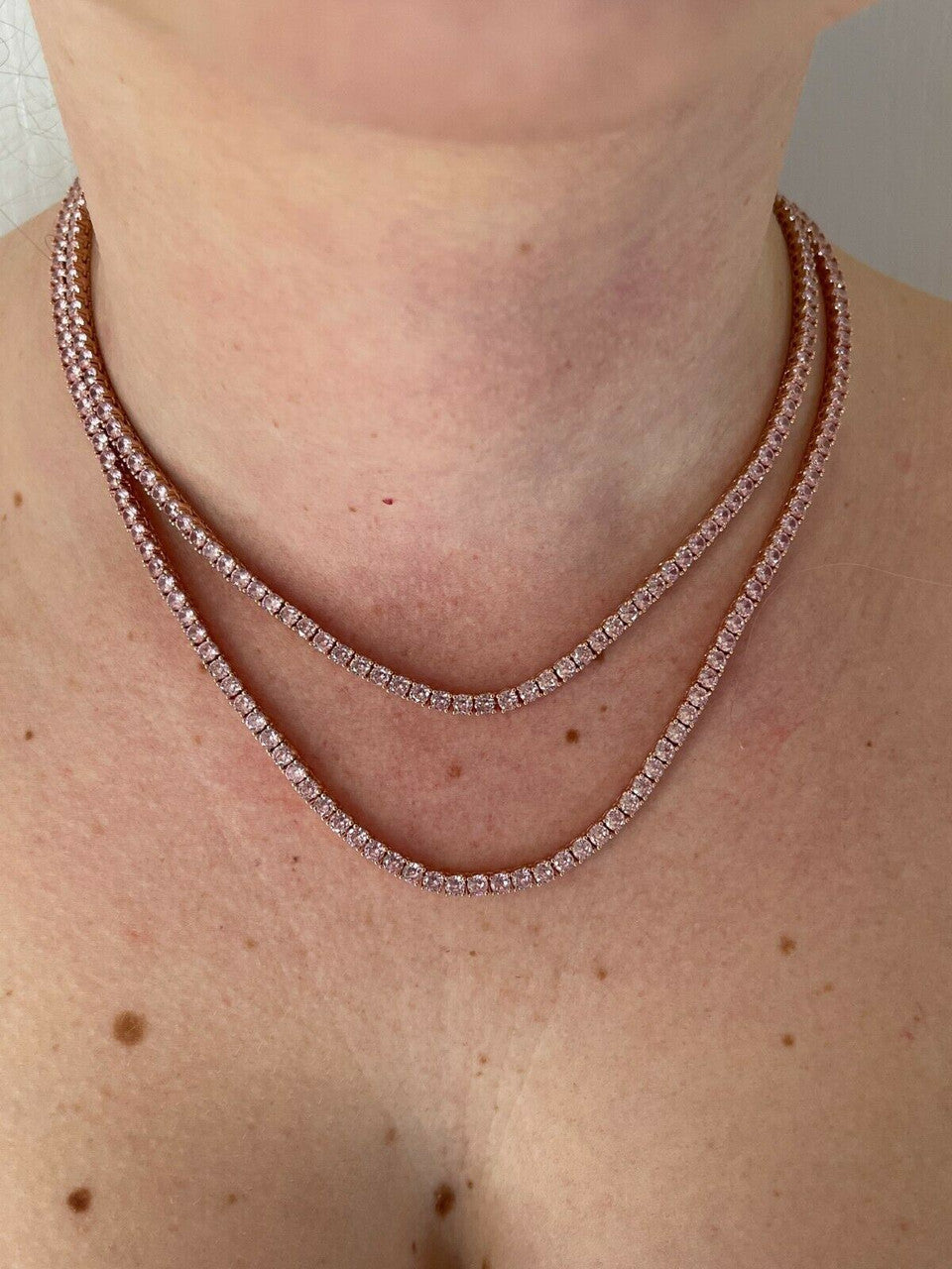Tennis Chain Necklace Iced Out Pink CZ Stones - 14k Rose Gold Vermeil 925 Silver - 3mm - 16"-28"