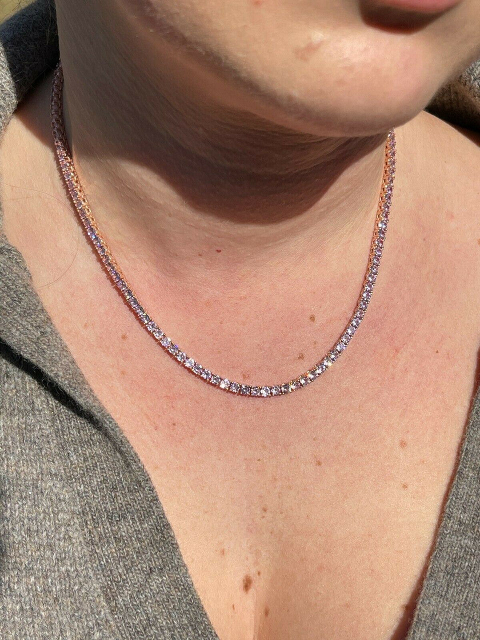 Tennis Chain Necklace Iced Out Pink CZ Stones - 14k Rose Gold Vermeil 925 Silver - 3mm - 16"-28"