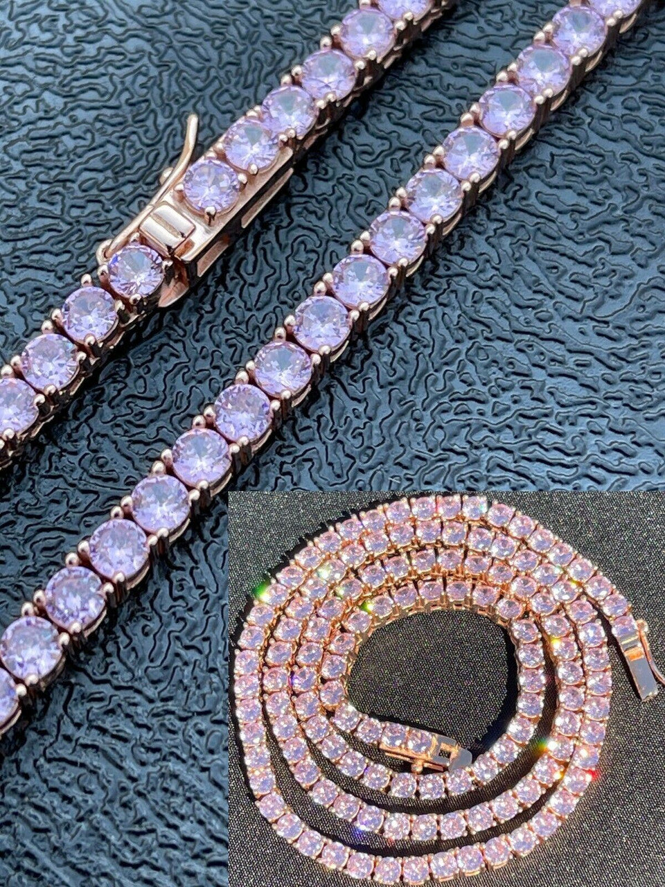 Tennis Chain Necklace Iced Out Pink CZ Stones - 14k Rose Gold Vermeil 925 Silver - 3mm - 16"-28"