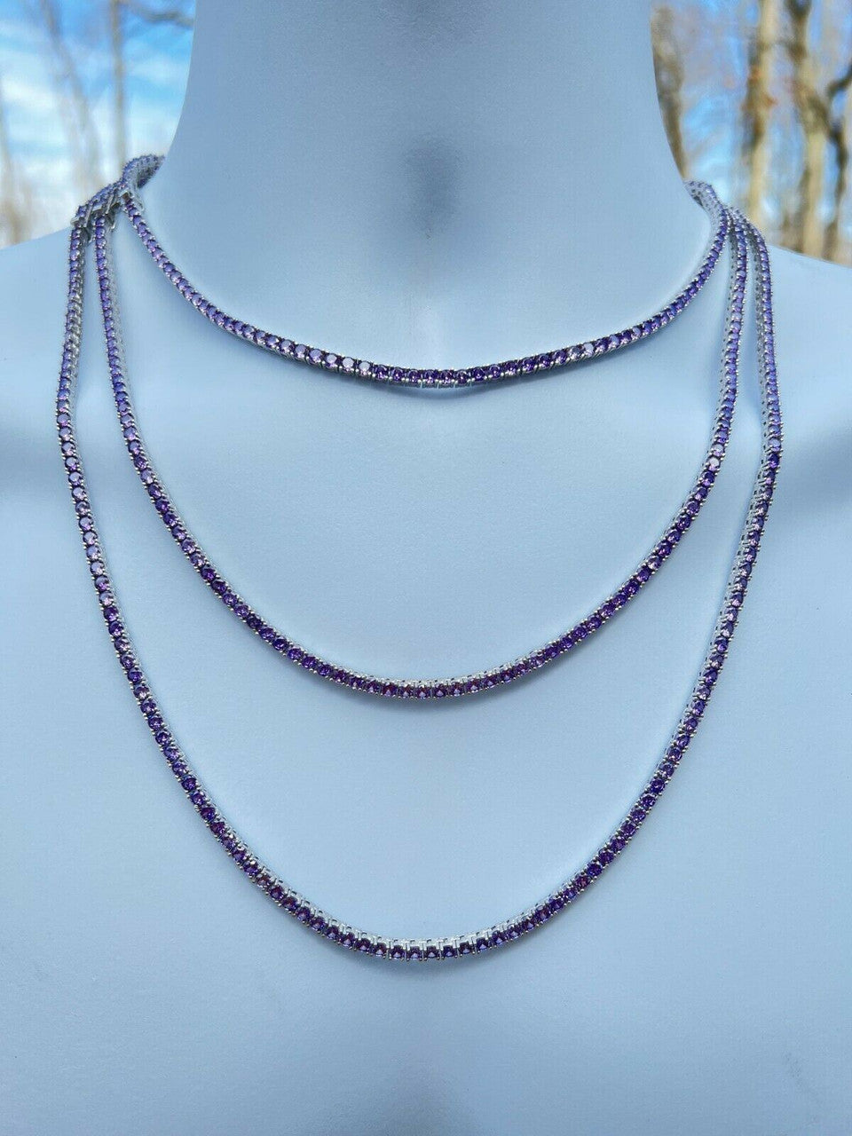 Tennis Chain Necklace Iced Out Purple CZ Stones - 925 Silver - 3mm - 16"-28"